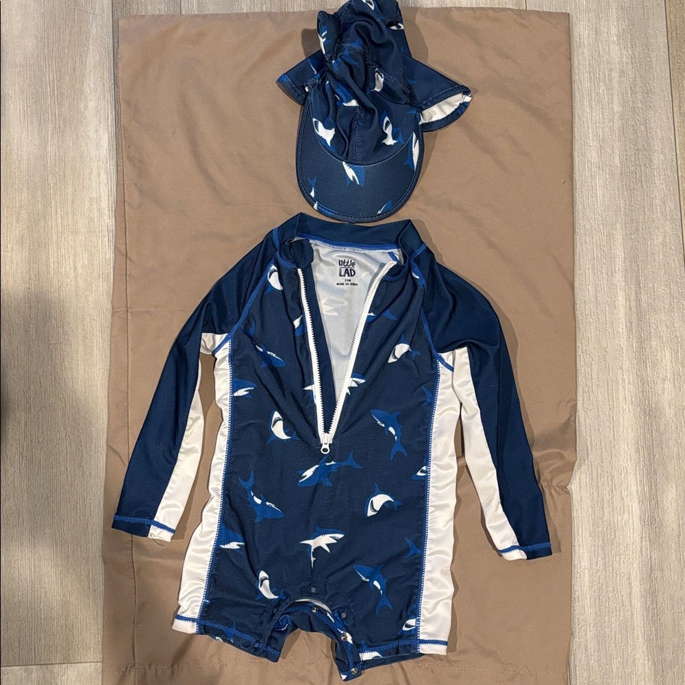 Blue and White Shark Print Swimsuit with Cap